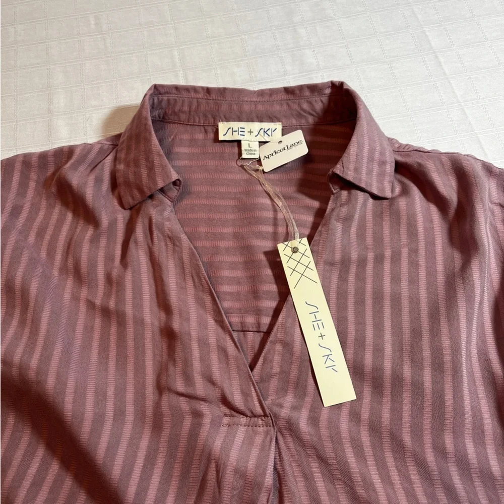 She + Sky Lagenlook Slouchy Oversized Mauve Striped Shirt Johnny Collar NWT L - Picture 4 of 7